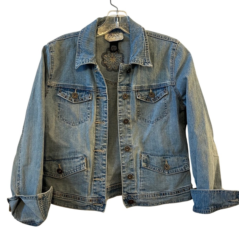 Madison‎ & Max Petite Denim Jacket Embellished Flower Blue Jean Button Up Small